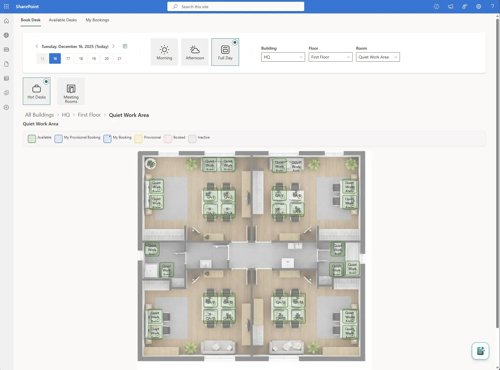 Booking Planner: floor-plan view of desks with availability colours