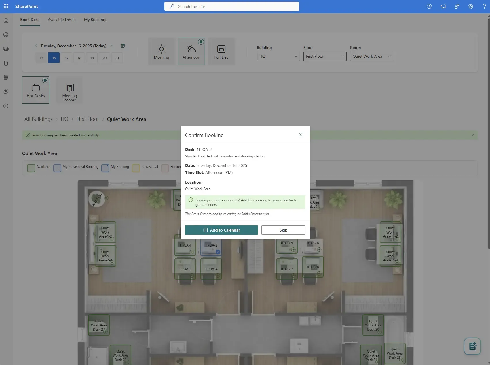Booking Planner: confirm dialog over a floor plan