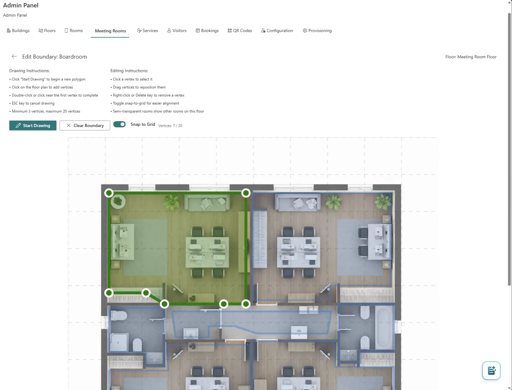 Booking Planner: admin drawing room boundaries on the floor plan
